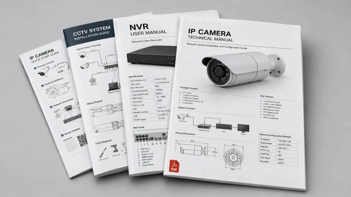 Manuais técnicos em PDF de câmera IP, NVR e instalação de CFTV, cheios de diagramas e letra miúda